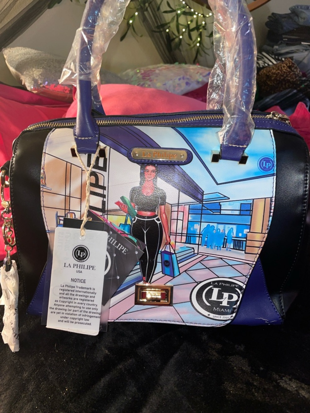 Purple and Black Illustrated Satchel Bag